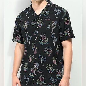 Party Pants “Night Out” short sleeve Tropical Black Graphic Button Down Shirt.